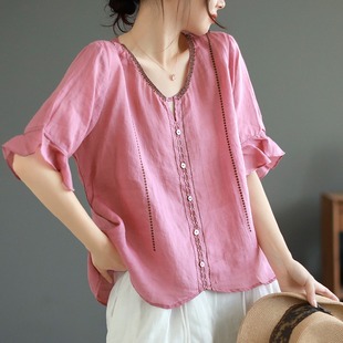 Cotton linen 2024 artistic retro half sleeve cotton linen V-neck T-shirt women's loose slimming versatile embroidered top