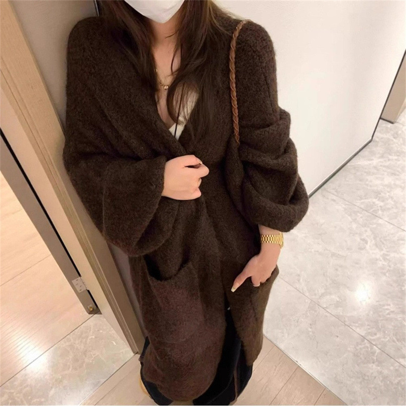 慵懒风软糯中长款灰色毛衣外套女2025秋冬外搭高级感宽松针织开衫|undefined