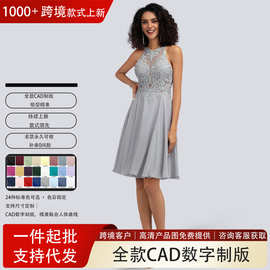 跨境亚马逊返校舞会礼服裙女 A字圆领及膝蕾丝雪纺晚礼服婚纱外贸