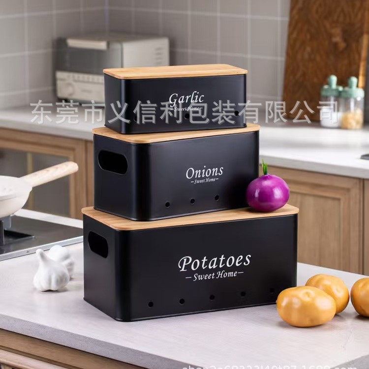 Amazon Tapa de bambú Tanque de almacenamiento blanco Patata Conservación transpirable Cocina Papas Cebolla Ajo Caja de almacenamiento de metal