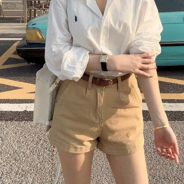 European and American Style Simple Khaki Denim Shorts for Women 2026 Summer Thin High-Waisted Petite Versatile Hot Pants