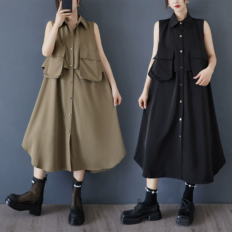 Настоящая фотография в корейском стиле, персонализированные брюки с большим карманом и воротником-поло, жилет, платье, свободная нишевая модная повседневная юбка средней длины