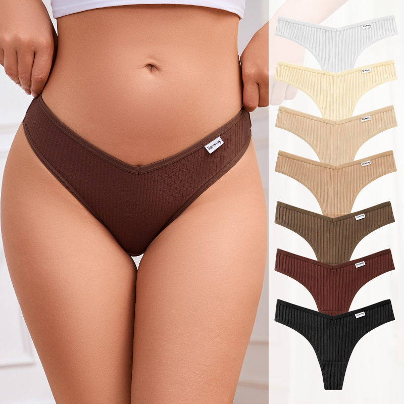 Cross-Border European and American Women's Cotton Underwear Low-Waist Sexy T-Back Underwear Ribbed Thong Girl's Triangle Shorts