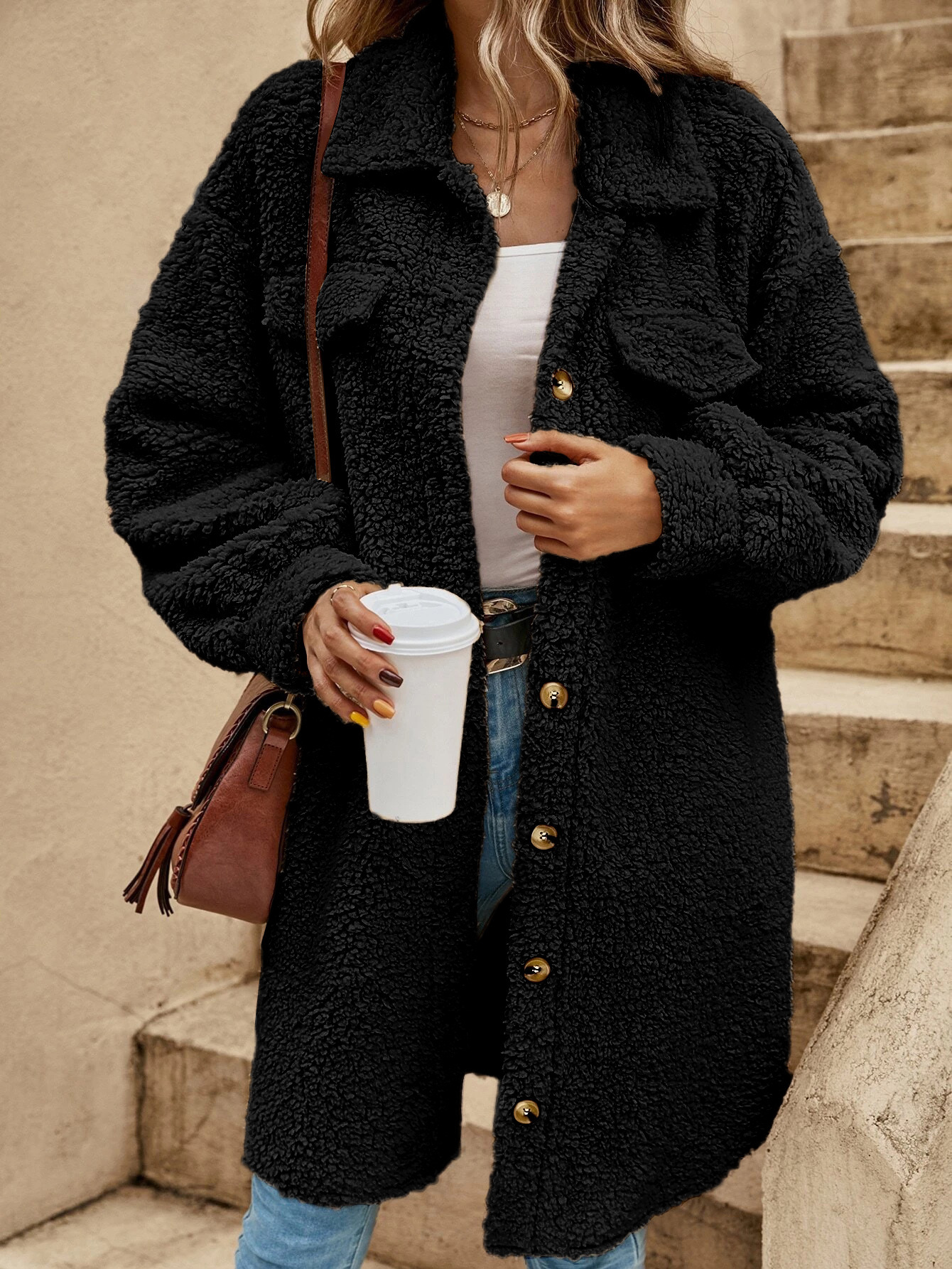 Winter Open-Button Lapel Plush Jacket Loose Temperament Long Coat For Women_ecoleips.com