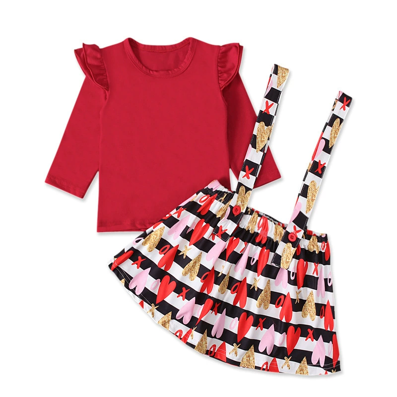Demi-season colored long-sleeve for St. Valentine's Day, dress, skirt, set, European style, children's clothing