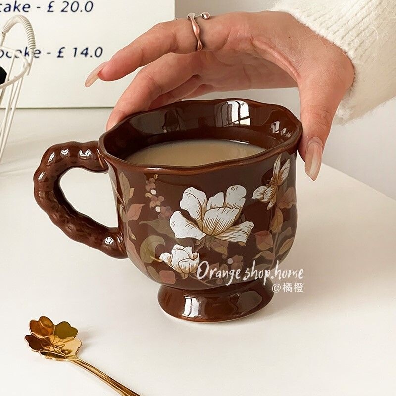 Retro pastoral style ceramic mug for home use, afternoon tea cup, coffee cup, high aesthetic value latte cup, milk cup for women