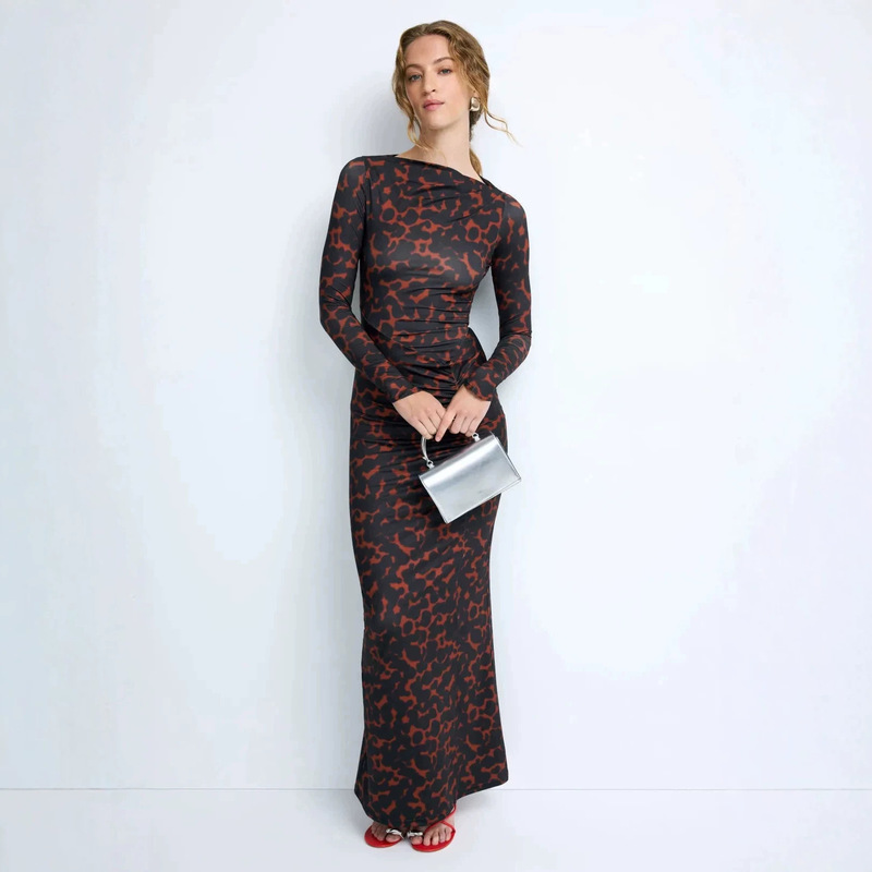 European and American cross-border bestseller retro black and brown leopard print mesh dress for women, long-sleeved, ruched, slim-fit, bodycon, long dress