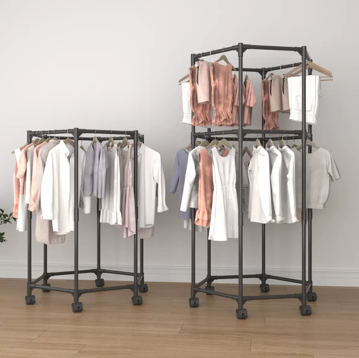 落地新品挂衣架简易衣架家用六角可移动带滑轮简约衣帽展示架货架