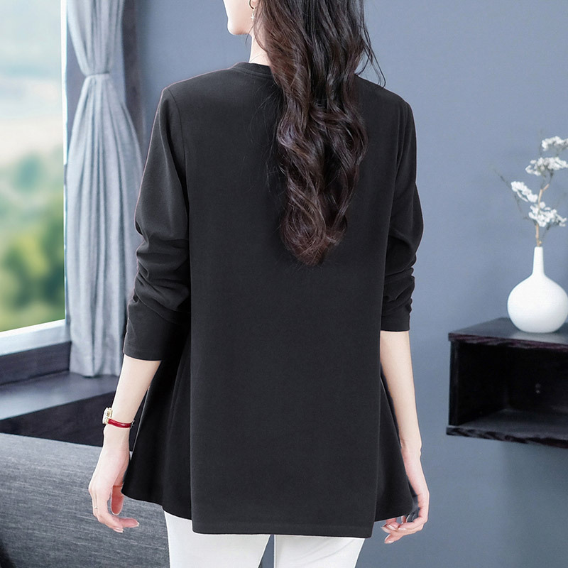 Autumn and Winter slimming loose elastic light mature jacquard brushed long-sleeved bottoming shirt T-shirt top middle-aged and elderly women's clothing