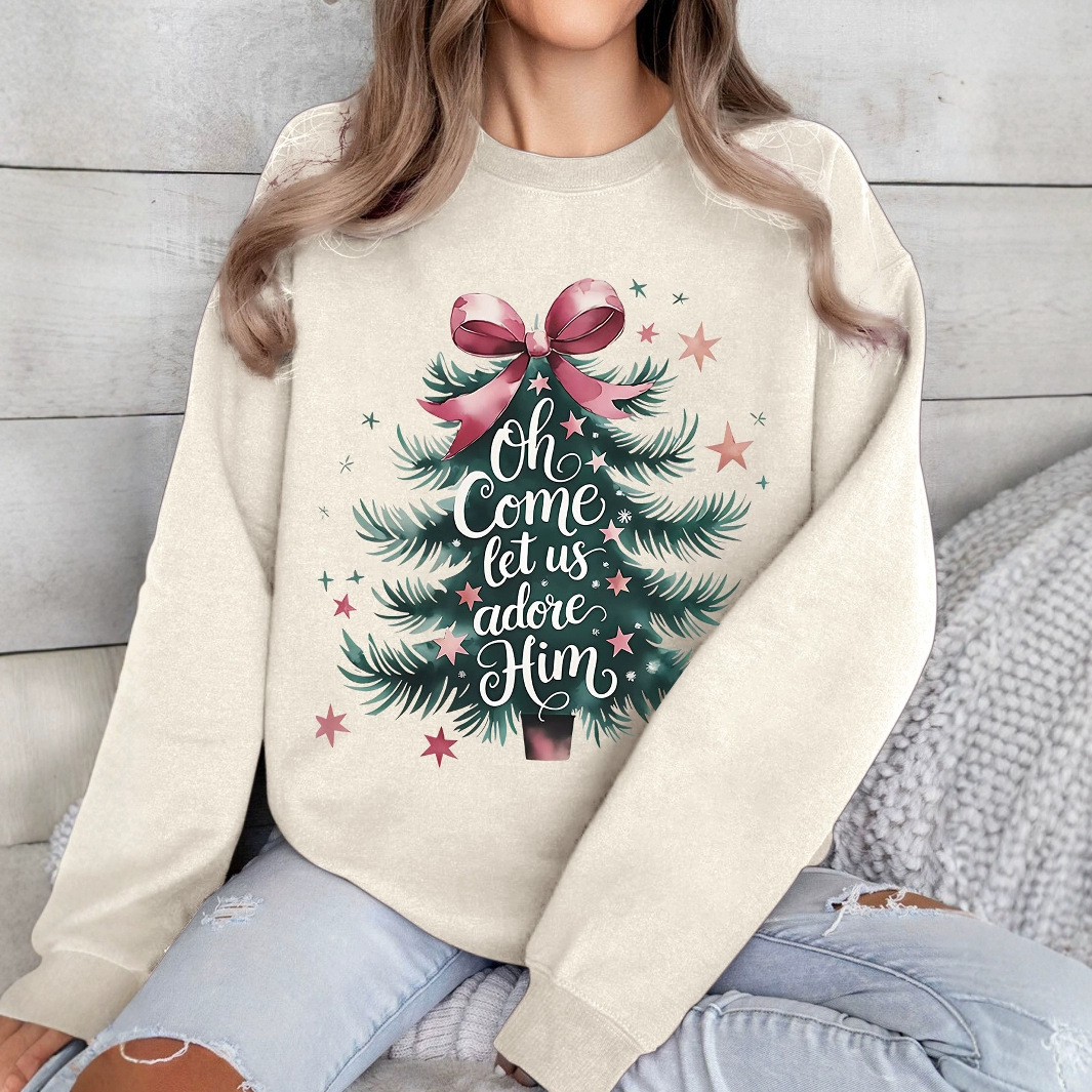 (2개) 겨울 아마존 오 와서 그를 좋아하자 크리스마스 트리 축제 인쇄 둥근 목 양털 스웨터