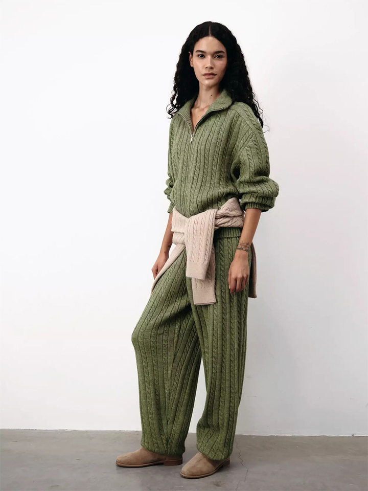 Bộ hai món nữ áo len cardigan cổ bẻ khóa kéo phối quần dài ống đứng, form rộng — Bộ hai mảnh áo len màu hồng, Bộ hai mảnh áo len màu sô cô la, Bộ hai mảnh áo len màu xanh ô liu, Bộ hai mảnh áo len màu xám chi tiết 17