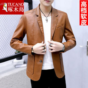 Leather Men's Velvet Outwear Autumn and Winter Suit Collar Soft Leather Jacket K-style Slim Youth Suit Middle-aged Spring & Fall
