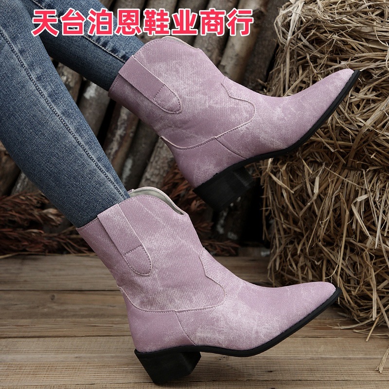 2025欧美时尚秋冬新款现货中跟女式皮靴外贸尖头大码西部牛仔女靴|undefined