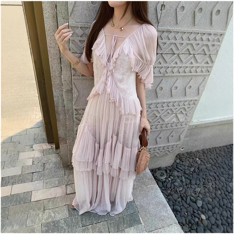 Cs Designer Brand 26 Spring New V-Neck Tie Dress with a Fashionable and Unique Design and Ruffled Skirt
