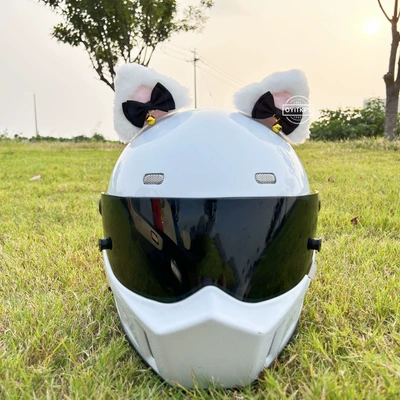 Motosiklet dəbilqələri – Modification with Bow - white-pointed-ears-with-black-bow-bell-and-tail