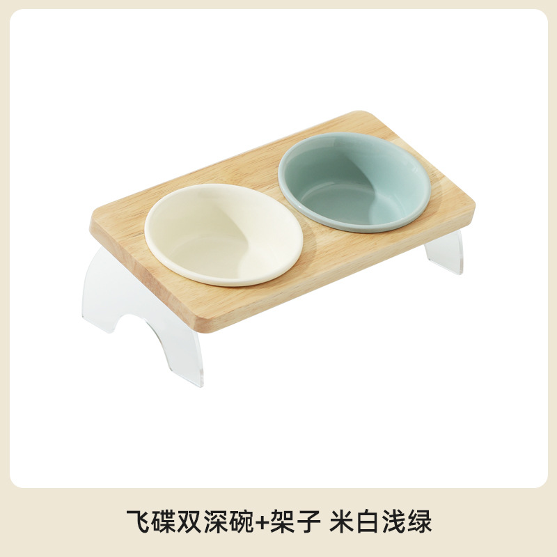 Tazón de cerámica para gatos Corea del Sur Tazón para mascotas antidetonantes gato perro tazón de comida soporte cervical tazón de agua doble tazón boca oblicua estante de madera maciza