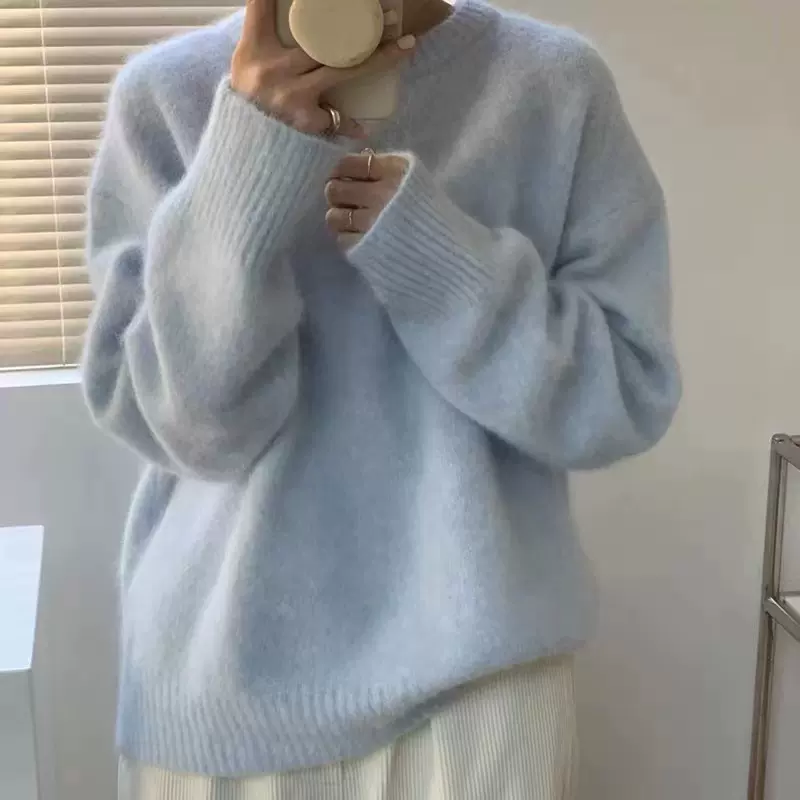 纯色软糯温柔风秋冬厚针织衫套头毛衣女新款圆领宽松百搭上衣外套