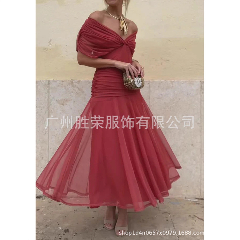 New Cross-Border Foreign Trade European and American Women's Fashion Solid Color Printed Deep V-Neck Waist-Cinching Off-Shoulder Two-Way Wear Flared Dress for Women New Cross-Border Foreign Trade European and American Women's Fashion Solid Color Printed Deep V-Neck Waist-Cinching Off-Shoulder Two-Way Wear Flared Dress for Women