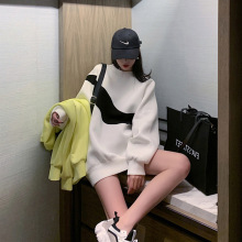 网红潮牌2025秋季新款撞色拼接卫衣女宽松中长款圆领休闲套头上衣