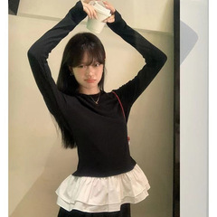 2025年款式芭蕾风花边拼接黑色长袖t恤女秋季新款修身打底衫上衣