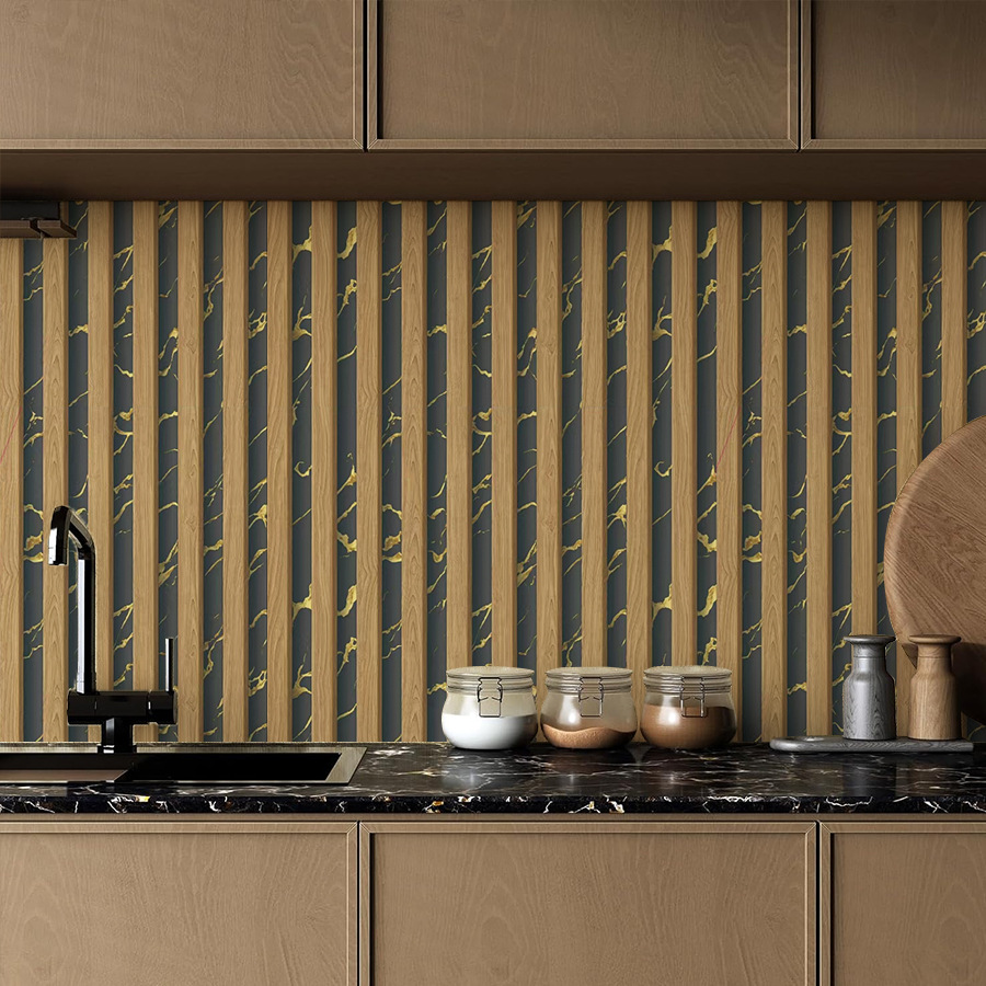 Papel pintado de mármol con listones de madera negros y amarillos de 45 cm x 2000 cm – Revestimiento de pared moderno autoadhesivo con paneles de roble para cocina, sala de estar y decoración de paredes decorativas._voghion.com