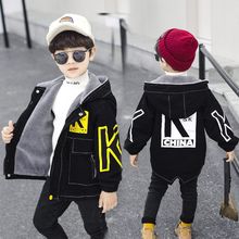 男童外套秋冬款中大童新款男孩牛仔风衣加绒加厚儿童中长款保暖衣