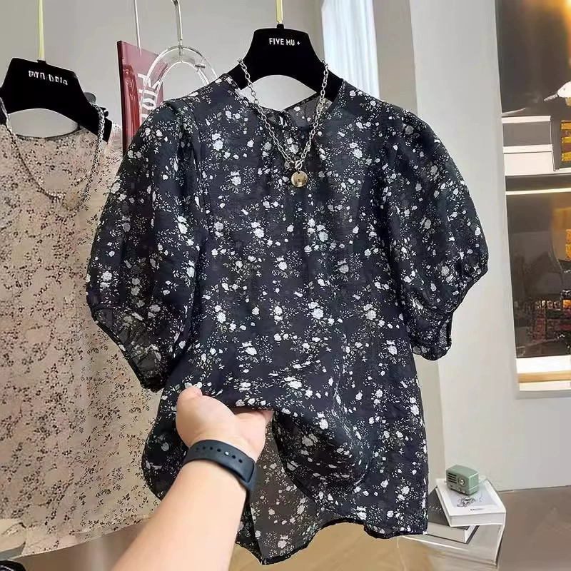 Ретро горячая девушка с круглым вырезом маленькая цветочная рубашка с короткими рукавами женская летняя новая свободная тонкая рубашка с пузырьками рукава шифон топ