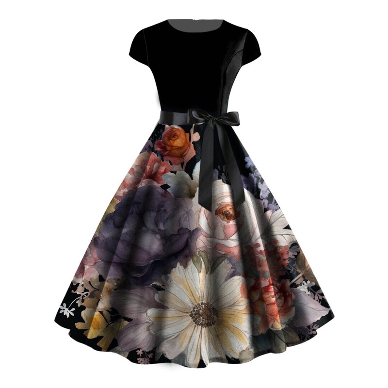 New Hepburn elegant Hong Kong style retro 50 s slimming women's clothing elegant printed waist-tight swing dress