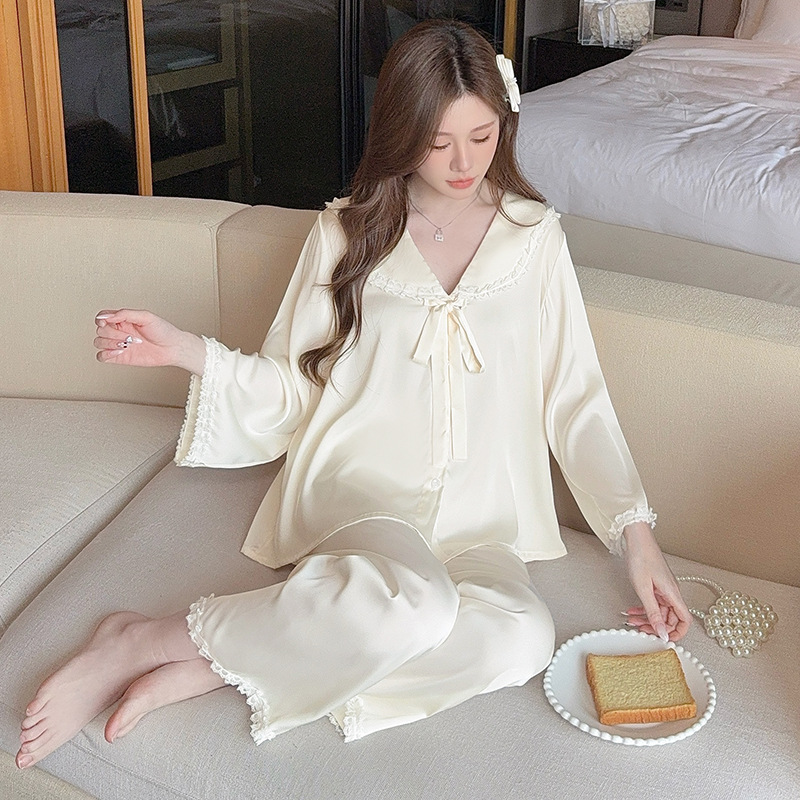 2026년 신상 아이스 실크 여성용 잠옷, 긴팔 긴바지, 고급스러운 스타일, 순색 홈웨어 세트, 외출복으로도 착용 가능