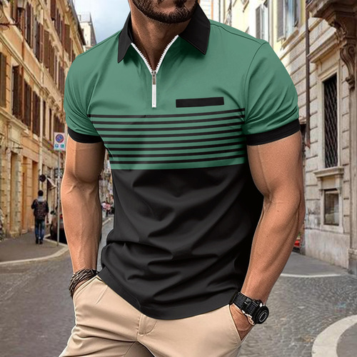 Summer New Men's 3D Printed Striped Zipper Polo Shirt Casual Trendy Polyester Short Sleeve Plus Size T-Shirt