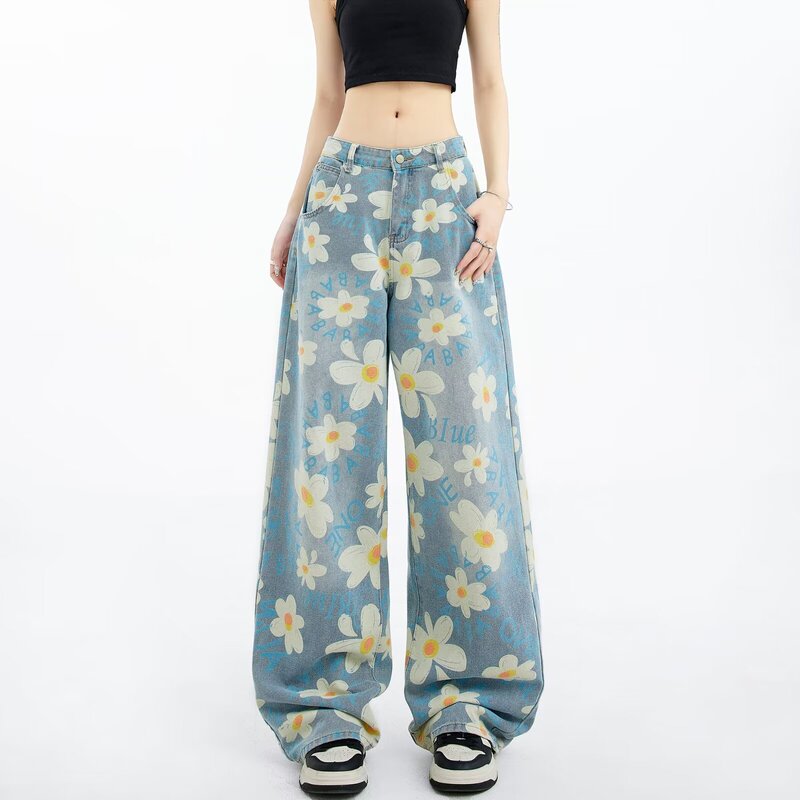 2024 Full Printed Floral Wide Leg Washed Jeans Unisex New Style Summer Straight Slimming Trendy Mop Pants