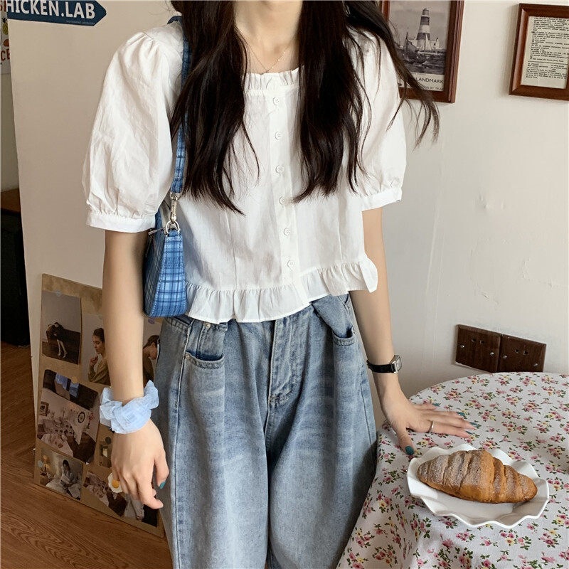Plus-Size Shirt for Women, 2026 Summer New Design, Unique Square-Neck Short-Sleeve Shirt with Puff Sleeves