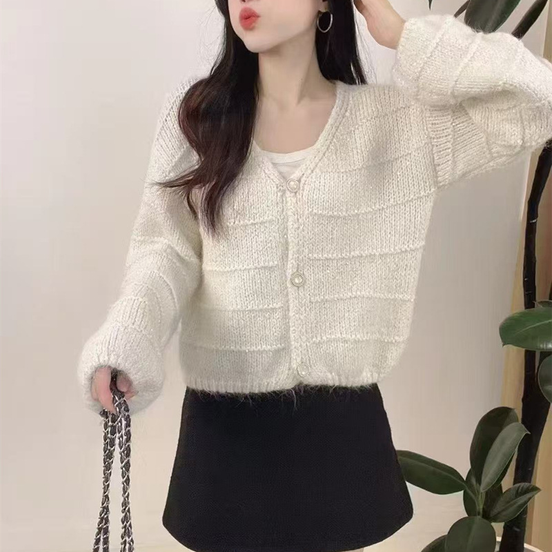 软糯纯色灯笼袖V领针织衫外套女2025秋冬款韩系慵懒风针织衫上衣|undefined