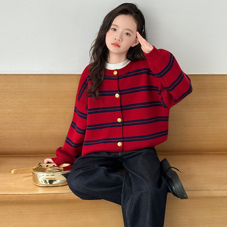 女童毛衣开衫秋装2025年新款条纹针织外套中大童洋气线衣裤子套装|undefined
