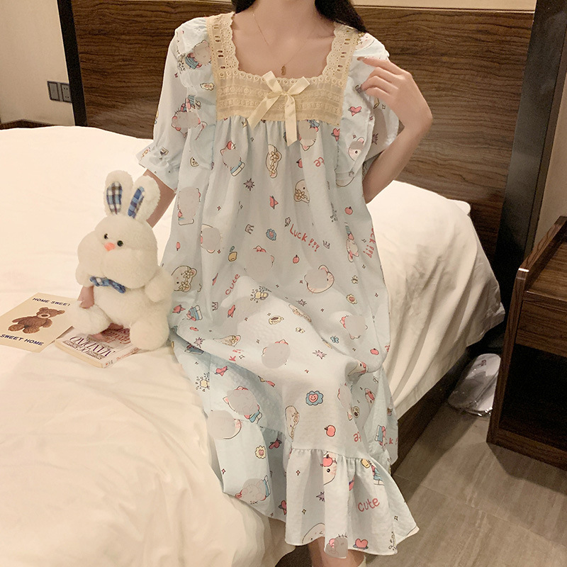 Pijama de la mujer sobre la rodilla vestido verano 2024 nuevo dulce lindo perro de dibujos animados algodón vestido de pijama casero al por mayor