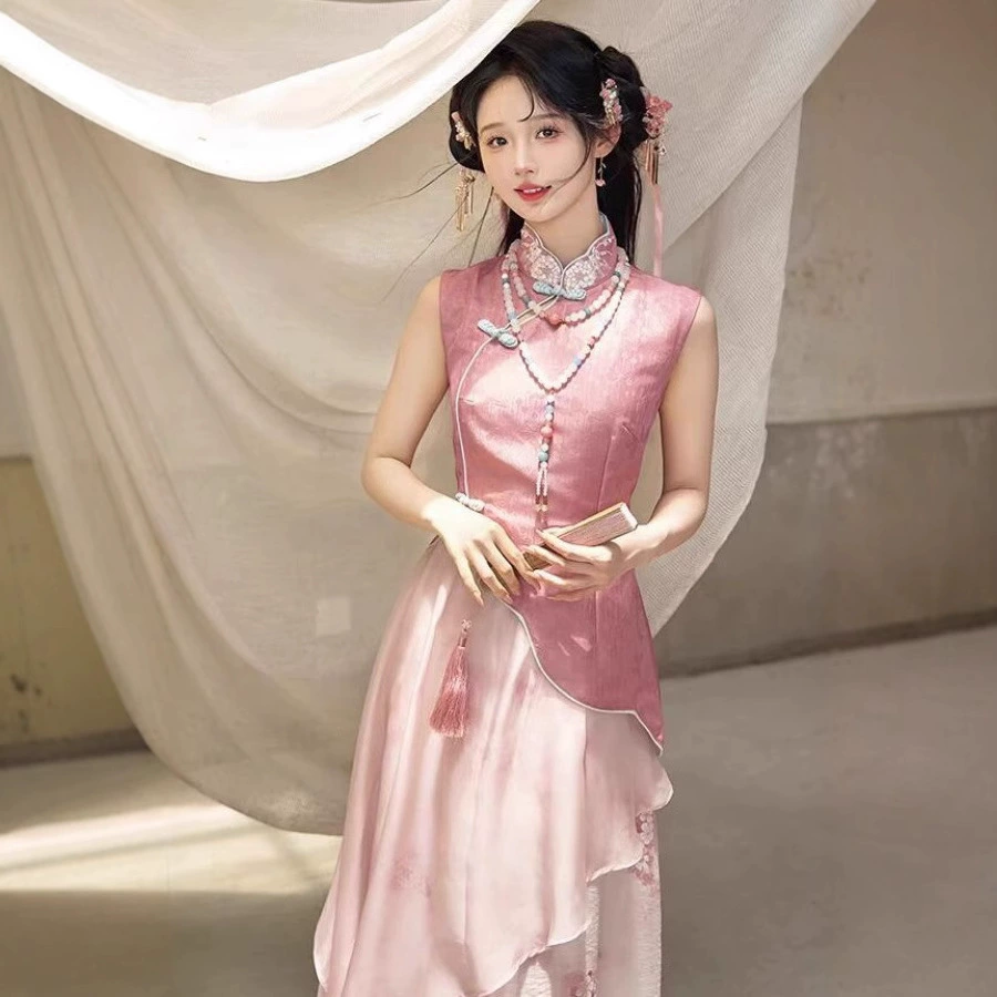 Новый улучшенный костюм-чонсам в китайском стиле, юбка для женщин, весенне-летний дизайн, верхнее платье для девочек с принтом в китайском стиле, комплект из двух предметов