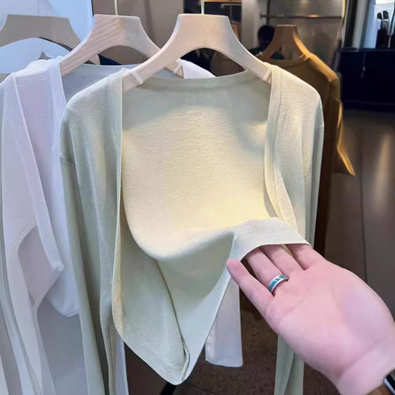 High-end Short Ice Silk Sunscreen Cardigan Women's Summer Thin French-style Small Waistle Skirt with Sling for Outer Tulle Jacket