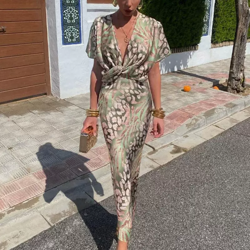 2026独立站欧美外贸女装时尚紧身印花扭结中腰性感V领春季连衣裙