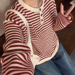 撞色条纹红色毛衣女秋冬季宽松韩系慵懒风感针织圆领穿搭上衣