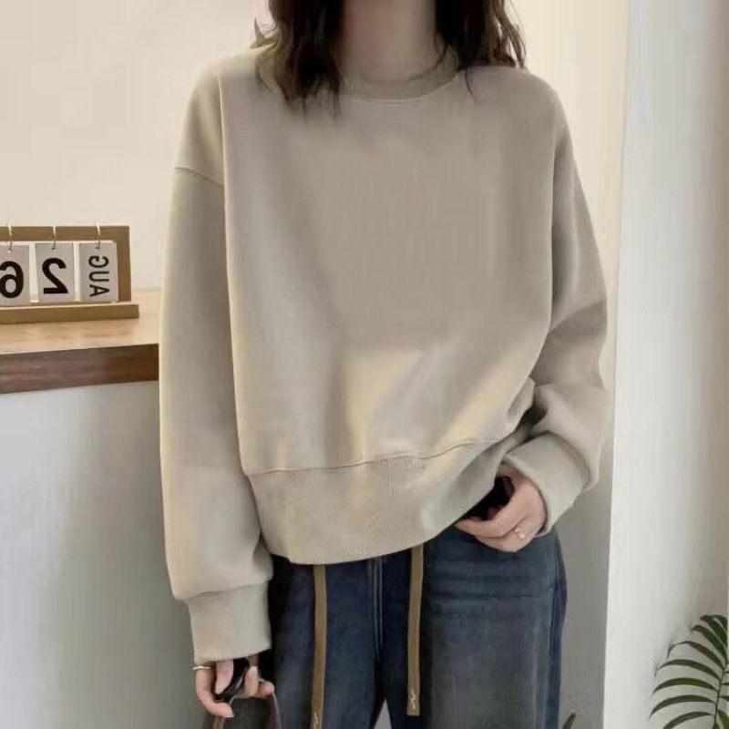 高端卫衣女新款春秋冬季加绒时尚圆领宽松短款百搭套头长袖外套女|undefined
