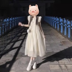新しい甘くてかわいい小さなフライングスリーブラウンドネックAラインドレス女性用2025夏ルーズ膝上カバーAラインロングスカート