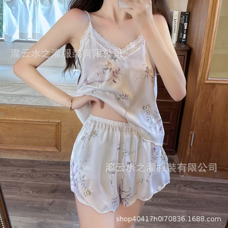 Sexy Pajamas for Women Summer Ins Style Ice Silk Suspender Shorts Two-Piece Set Thin Girl Dormitory Student Home Clothes