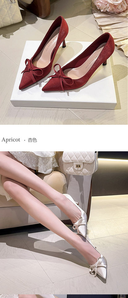 Giày cao gót nữ mũi nhọn gót 6–8 cm chất liệu nhung, thắt nơ, kiểu giày cưới cho cô dâu — Quả mơ (bổ sung), Đỏ (bổ sung) chi tiết 8