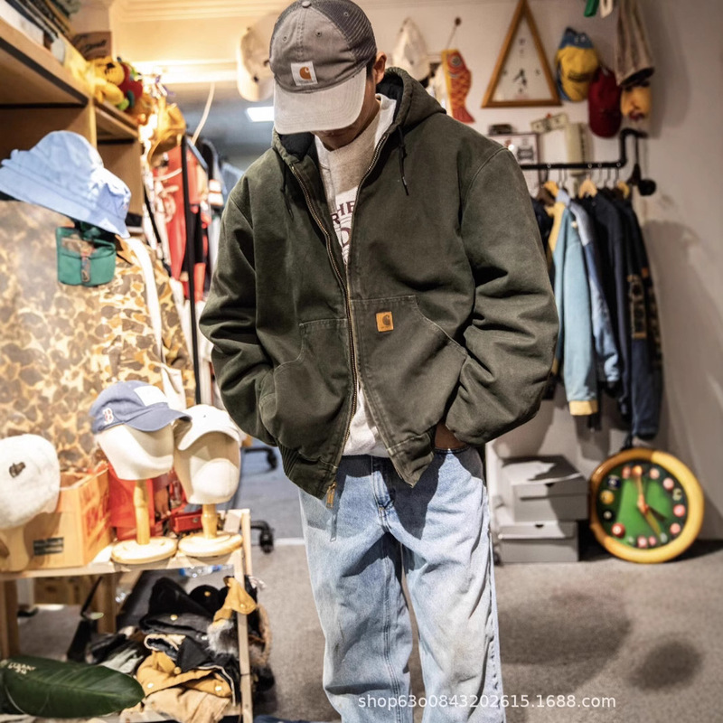 Original Quality Middle Carh Kaha J130 Stone Mill Enzyme Washed Batik Used Hooded Zipper Cotton Jacket