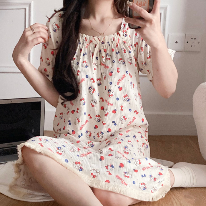 Pijama de mujer de verano dulce esling algodón tela arrugada princesa de luces pijama de mujer suelto vestido de verano lindo