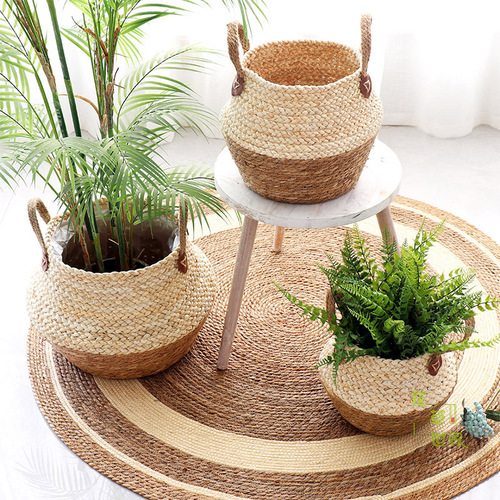 Nordic straw woven rattan decorative flower pots woven flower baskets home furnishings living room pastoral style floor-standing large flower pot gardening