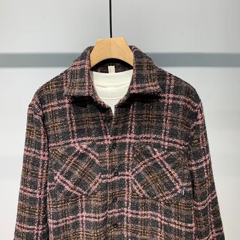 Japanische Retro-Jacke für Herren im High-End-Stil, neuer Herbst-Look, Chanel-inspiriertes Karohemd, Wolljacke, Trendmarke_voghion.com