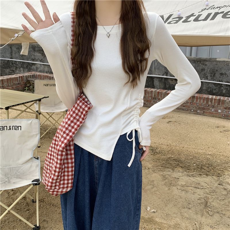 正肩长袖t恤女春秋内搭短款小个子显高别致设计感抽绳打底衫上衣|undefined