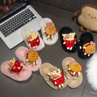 Internet-famous hamburger fries fluffy slippers for girls outside 2024 new autumn and winter explosions indoor plush cotton slippers