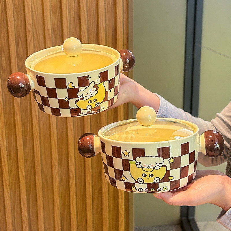 Cute banana puppy ceramic instant noodle bowl with lid for dormitory student noodle bowl microwaveable rice bowl snail noodle bowl